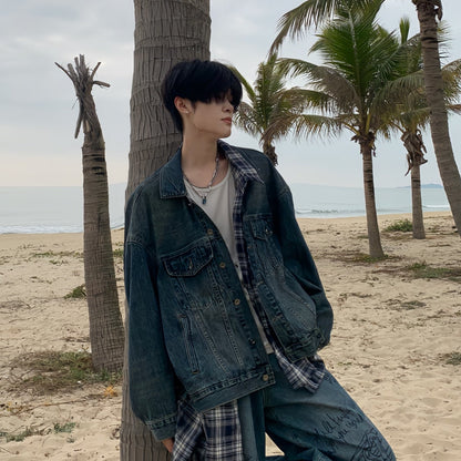 Plaid Patchwork Oversize Denim Jacket WN19769