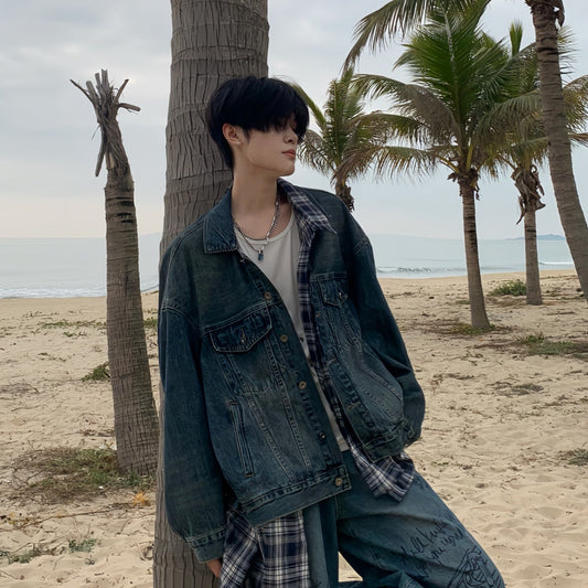 Plaid Patchwork Oversize Denim Jacket WN19769