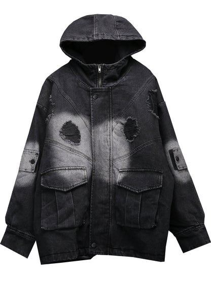 Heavy Wash Damage Hooded Denim Jacket WN22302