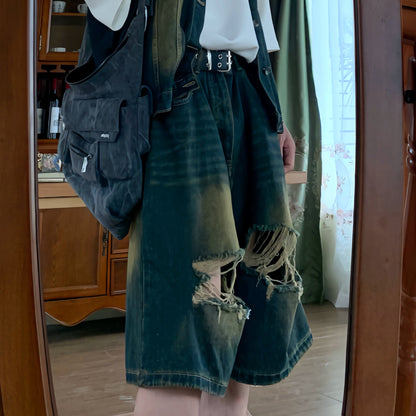 Washed Denim Vest & Damage Denim Half Jeans Setup WN19819