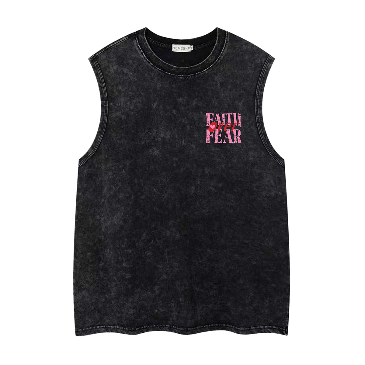 Washed Damage Letter Heart Print Oversize Sleeveless T-Shirt WN26852