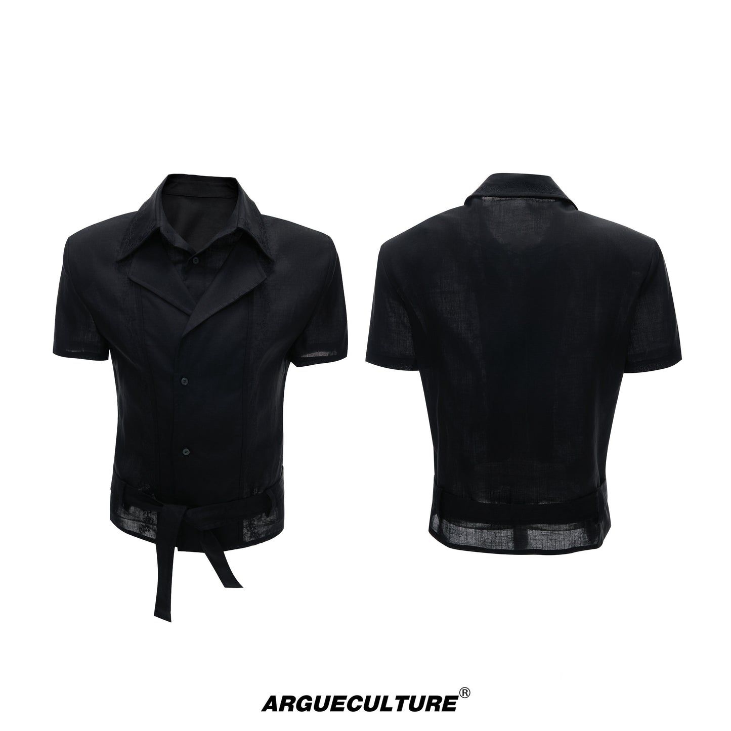 Fake Layered Embroidery Linen Waist-Tie Short Sleeve Shirt WN27030