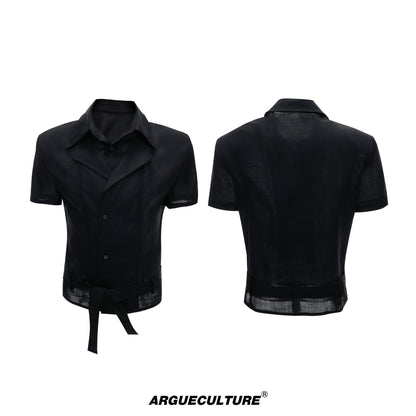Fake Layered Embroidery Linen Waist-Tie Short Sleeve Shirt WN27030