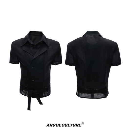 Fake Layered Embroidery Linen Waist-Tie Short Sleeve Shirt WN27030