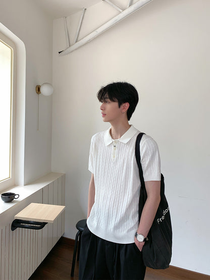 Cable-Knit Button-Placket Slim-Fit Short Sleeve Polo Shirt WN24855