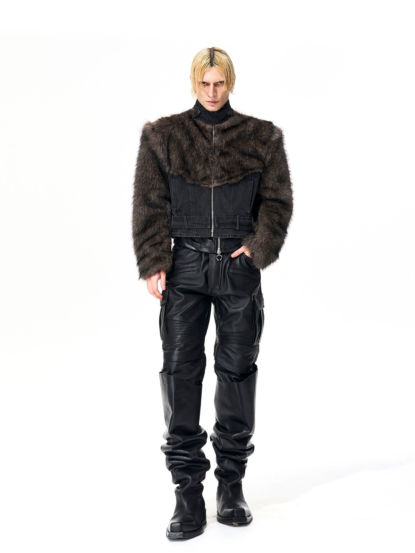 Fake Fur Patchwork Damage Short Denim Jacket WN21822