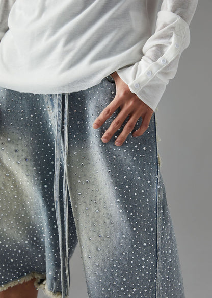 Fringe Rhinestone Wide Leg Half Denim Pants WN25612