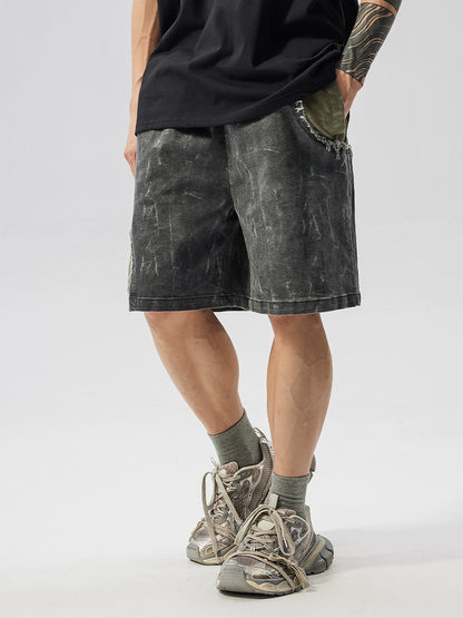 Washed Patchwork Drawstring Wide Leg Half Pants WN17605