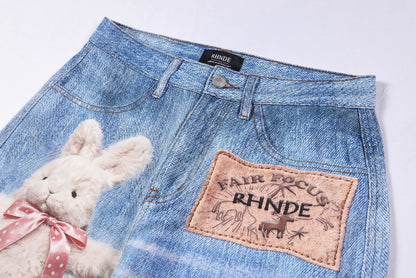 Washed 3D Character Print Wide Leg Denim Jeans WN25975