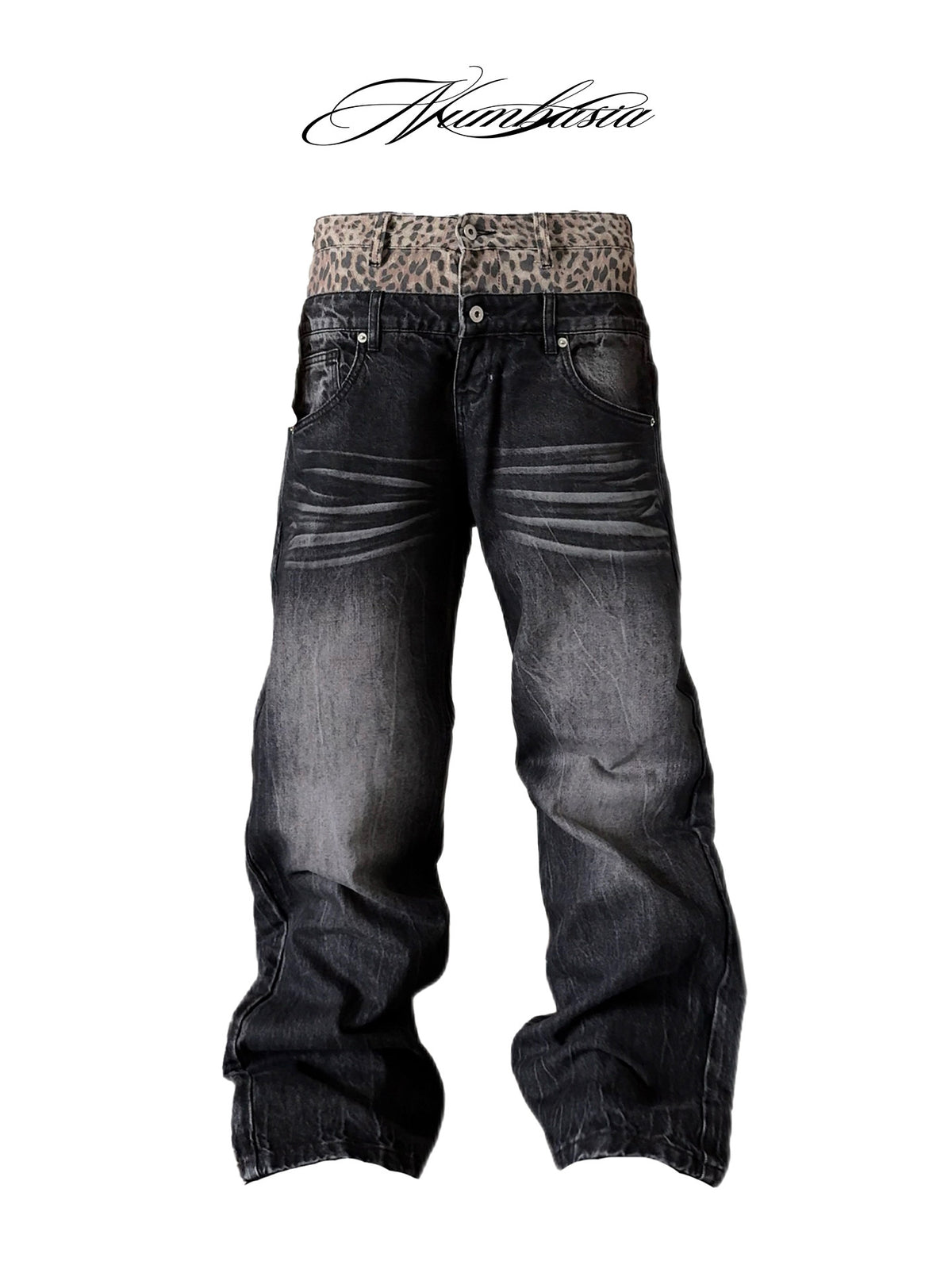 Double Waist Leopard Print Wide Leg Denim Jeans WN27199