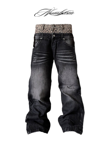 Double Waist Leopard Print Wide Leg Denim Jeans WN27199