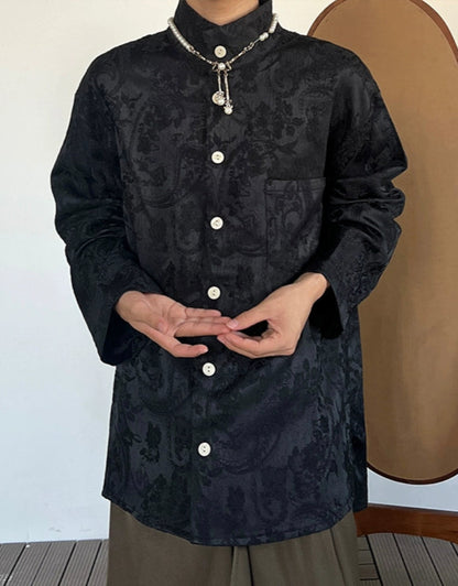 Embroidery Jacquard Stand Neck Long Sleeve Shirt WN20033