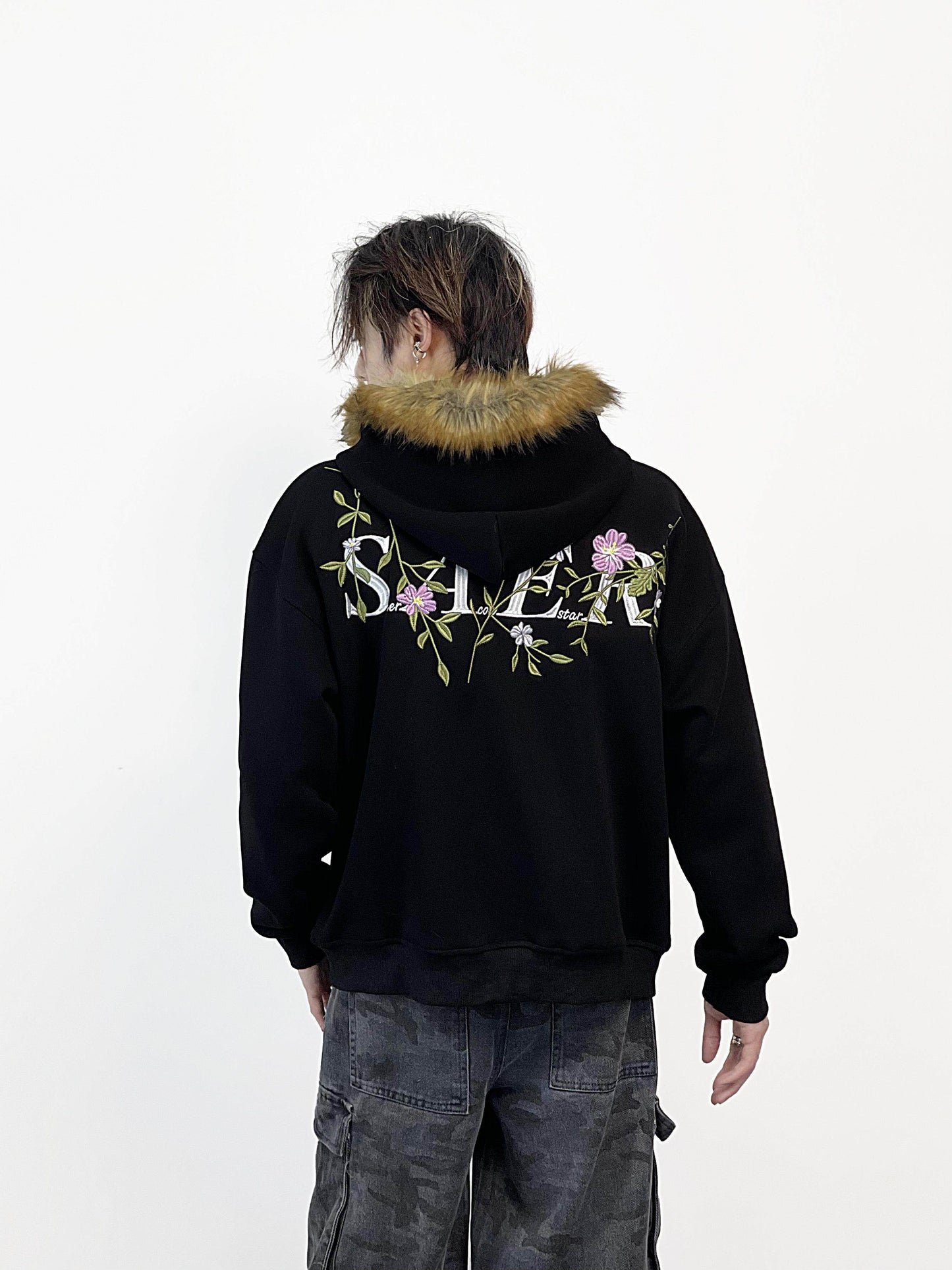 Fake Fur Collar Floral Embroidery Hoodie WN24287