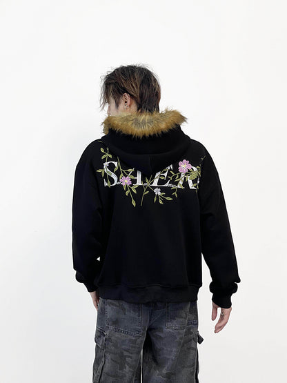 Fake Fur Collar Floral Embroidery Hoodie WN24287