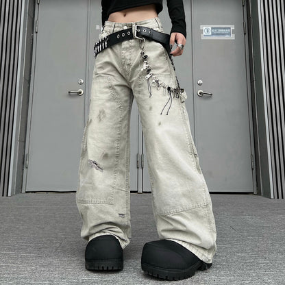 Damage Wash Pocket Wide Leg Cargo Denim Jeans WN24181