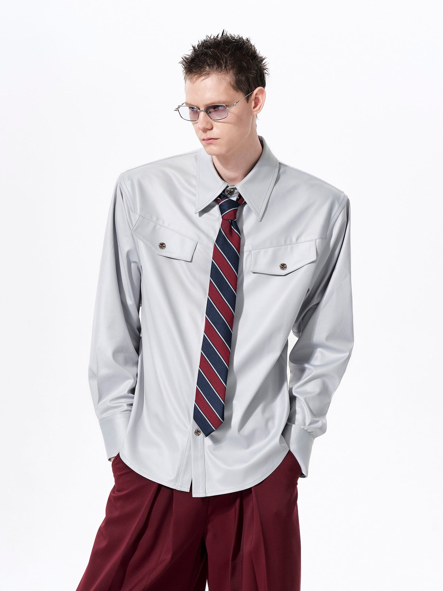 Acetate Texture Shoulder-Pad Long Sleeve Shirt WN23288