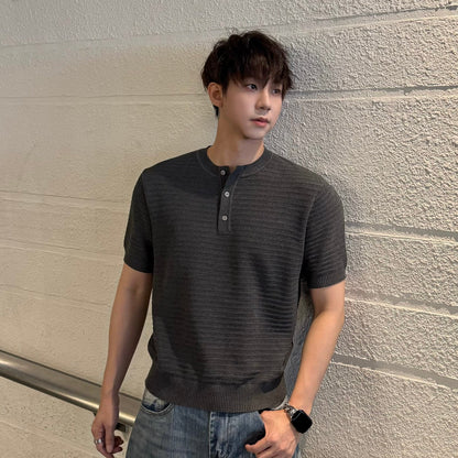 Openwork Texture Henley Neck Slim Knit T-shirt WN25249
