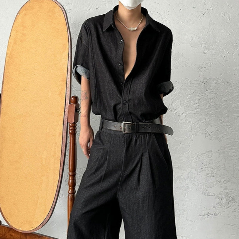 Washed Denim Short Sleeve Shirt & Wide Leg Denim Half Jeans Setup WN19956