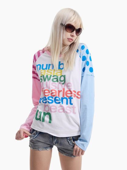 Stripe Dot Letter Print Long Sleeve T-Shirt WN27251