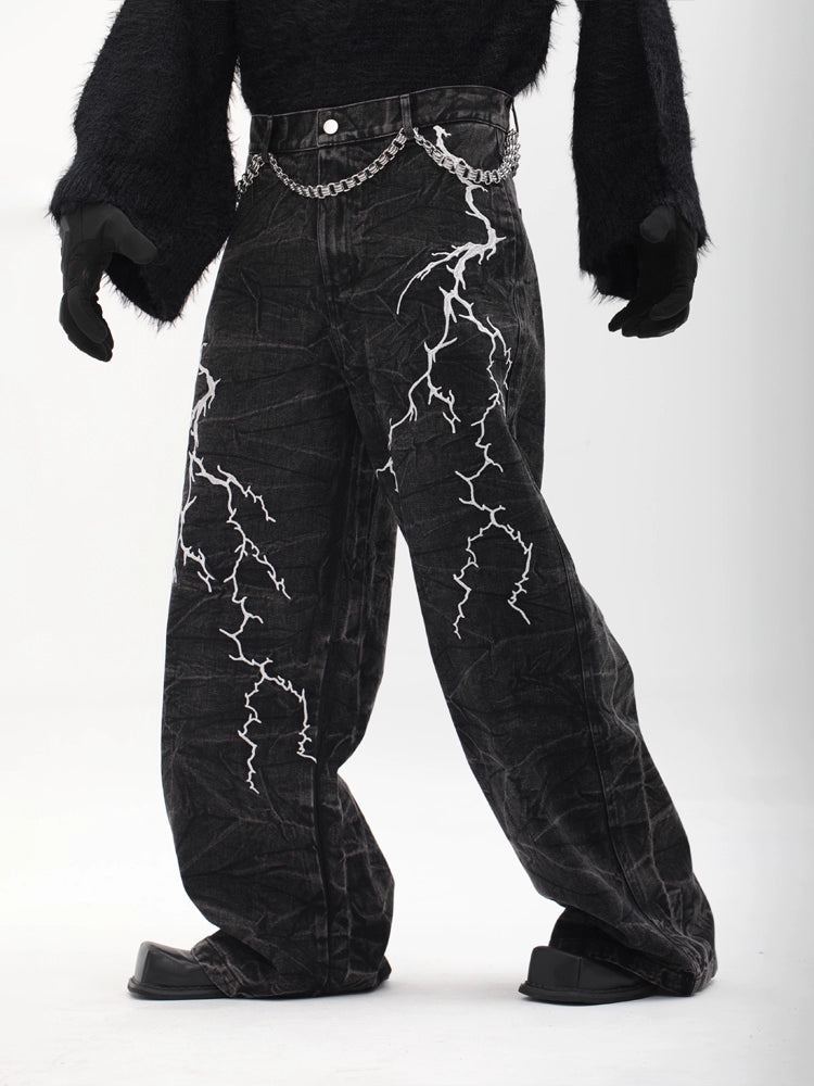 Lightning Embroidery Wide Leg Denim Jeans WN18727