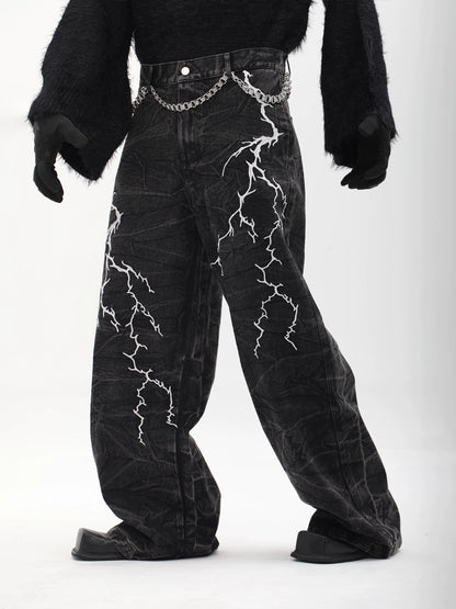 Lightning Embroidery Wide Leg Denim Jeans WN18727