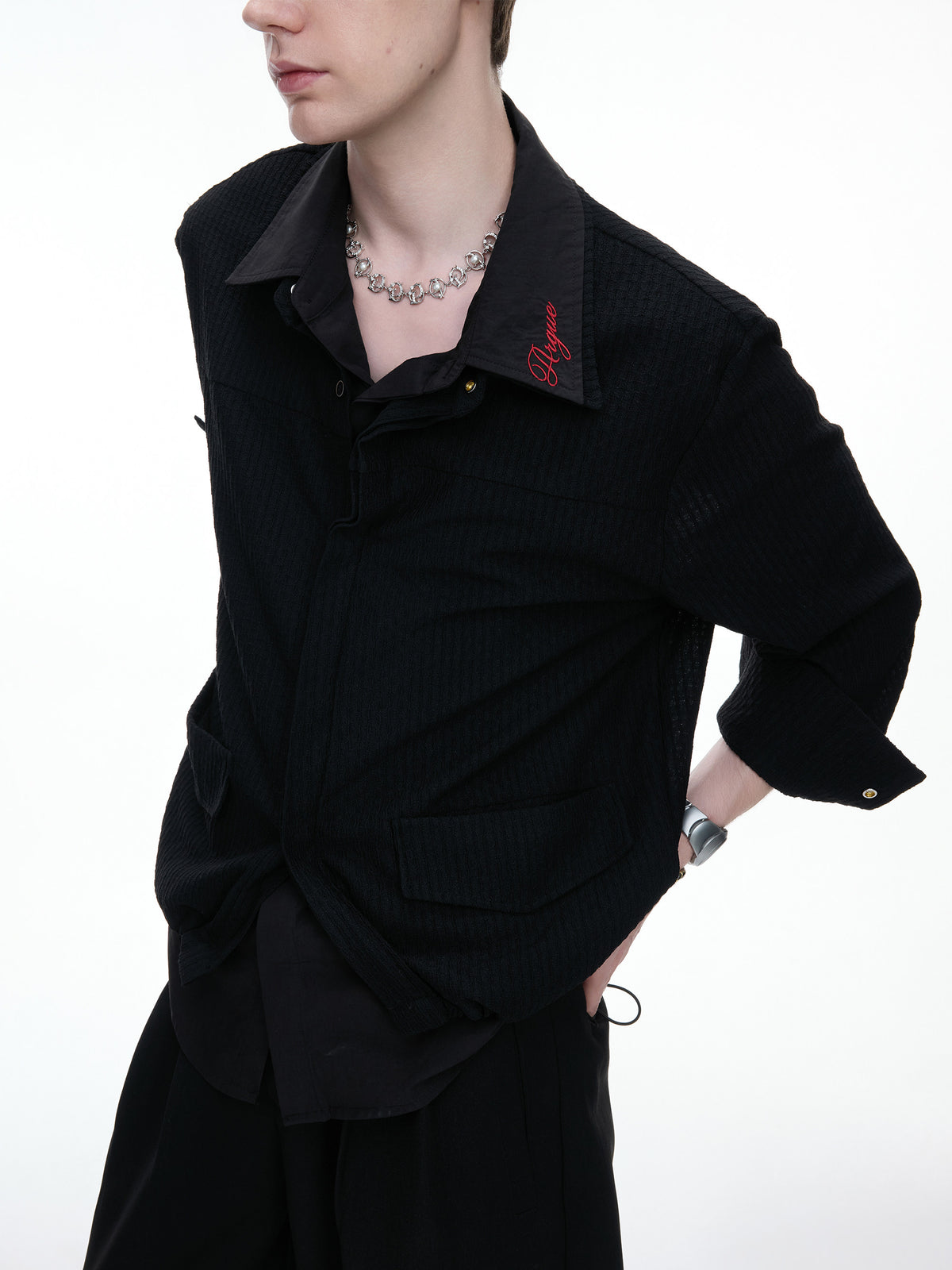 Fake Layered Embroidery Breathable Pocket Long Sleeve Shirt WN27033