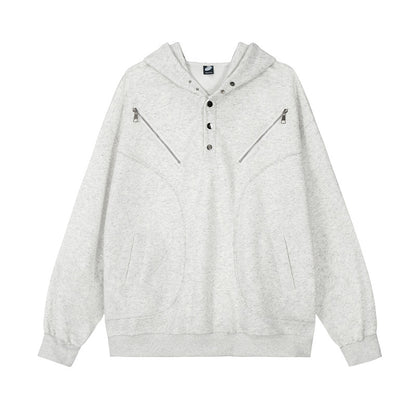 Double-Zipper Metal Button Oversize Pullover Hoodie WN11117