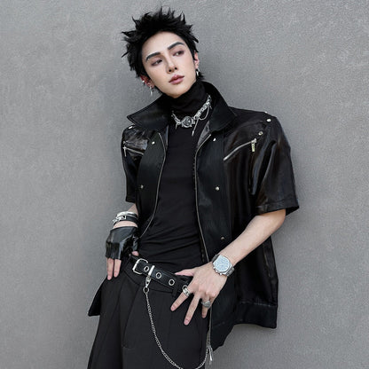 Lapel Zipper Short Sleeve Shirt Jacket WN25121