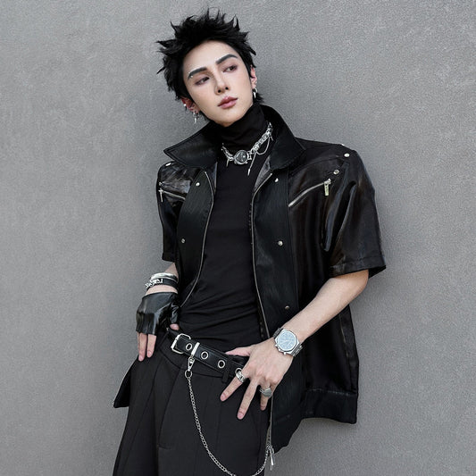 Lapel Zipper Short Sleeve Shirt Jacket WN25121