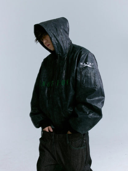 Cracked PU Leather Oversize Hooded Puffer Jacket WN17212