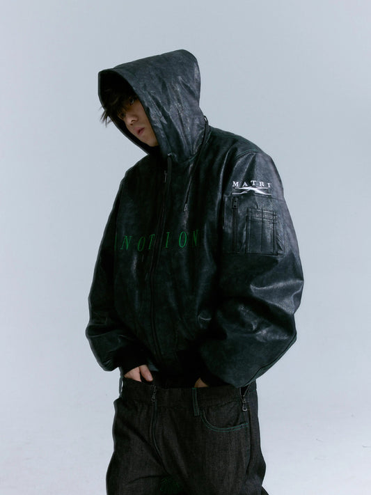 Cracked PU Leather Oversize Hooded Puffer Jacket WN17212