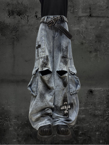 Damage Paint Cargo Wide Leg Denim Jeans & Skull Belt & Belt Chain WN23788
