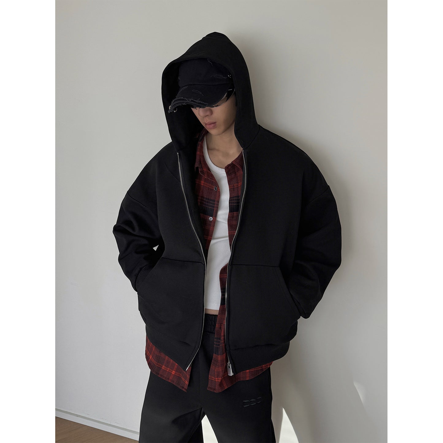 Detachable Fake Layered Plaid Shirt Zipper Hoodie WN15161