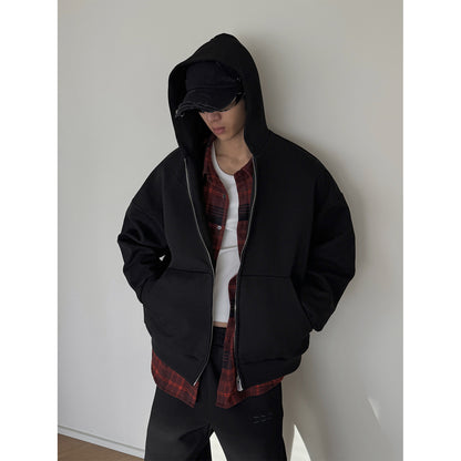 Detachable Fake Layered Plaid Shirt Zipper Hoodie WN15161