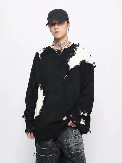 Colorblock Damage Design Oversize Knit Sweater WN10919