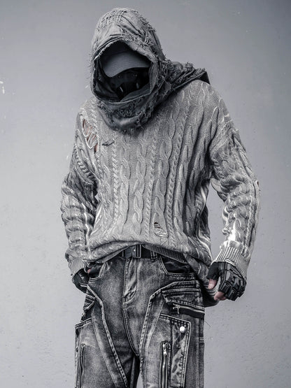 Hooded Oversize Damage Tassel Cable Knit Sweater WN22423