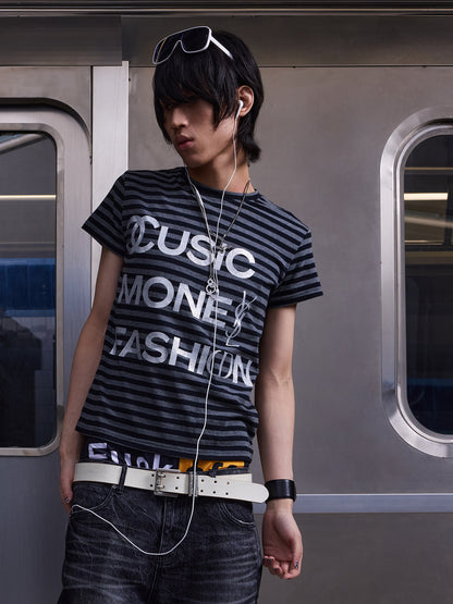 Stripe Letter Logo Print Short Sleeve T-Shirt WN27226