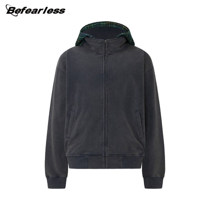 Heavyweight Washed Fake Layered Plaid Zipper Hoodie WN26175