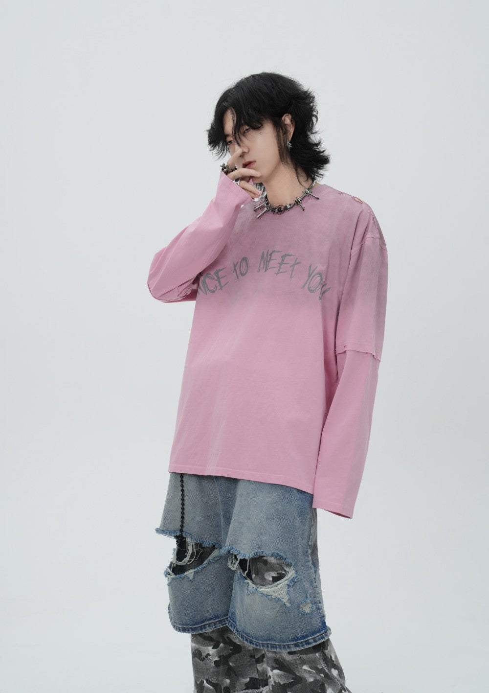 Washed Fake Layered Letter Graphic Short Sleeve T-Shirt WN28014
