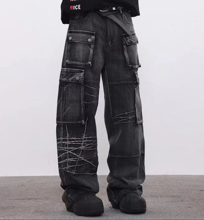 Cargo Pocket Embroidery Wide Leg Denim Jeans WN25718