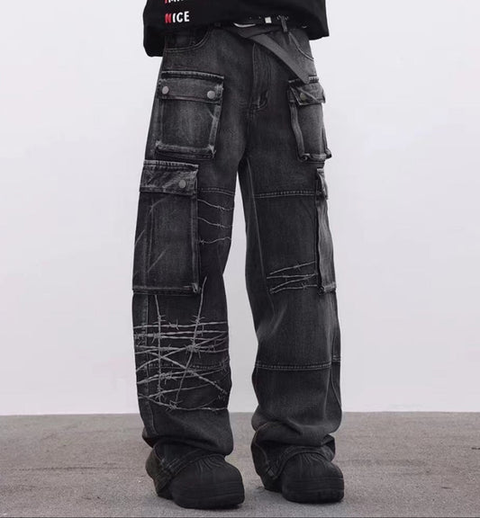 Cargo Pocket Embroidery Wide Leg Denim Jeans WN25718