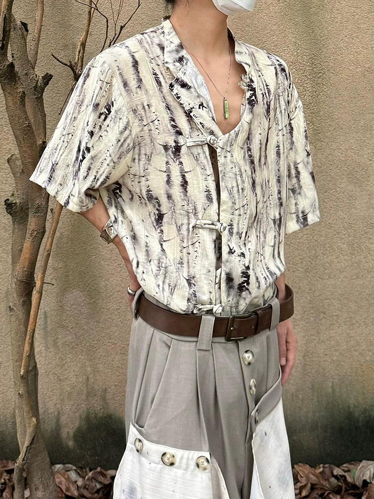 Tie-Dye Frog Button Standing-Collar Short Sleeve Shirt WN19977