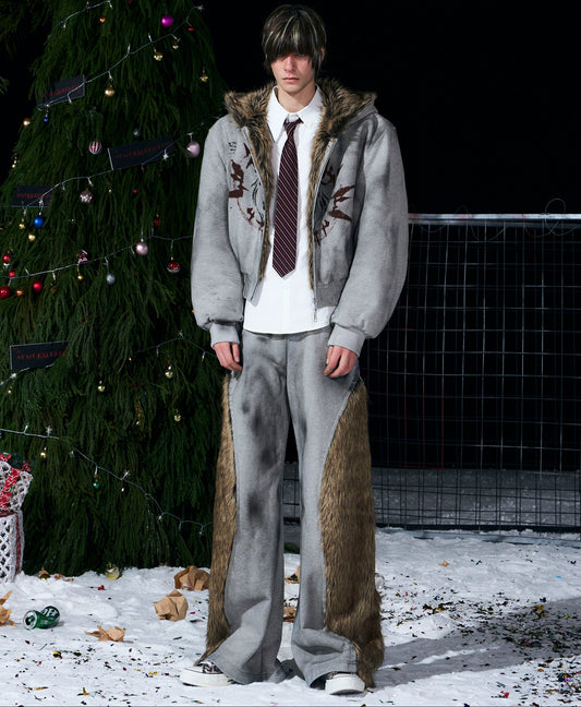 Reversible Fake Fur Paint Print Jacket & Fake Fur Panel Design Flare Pants Setup WN22707