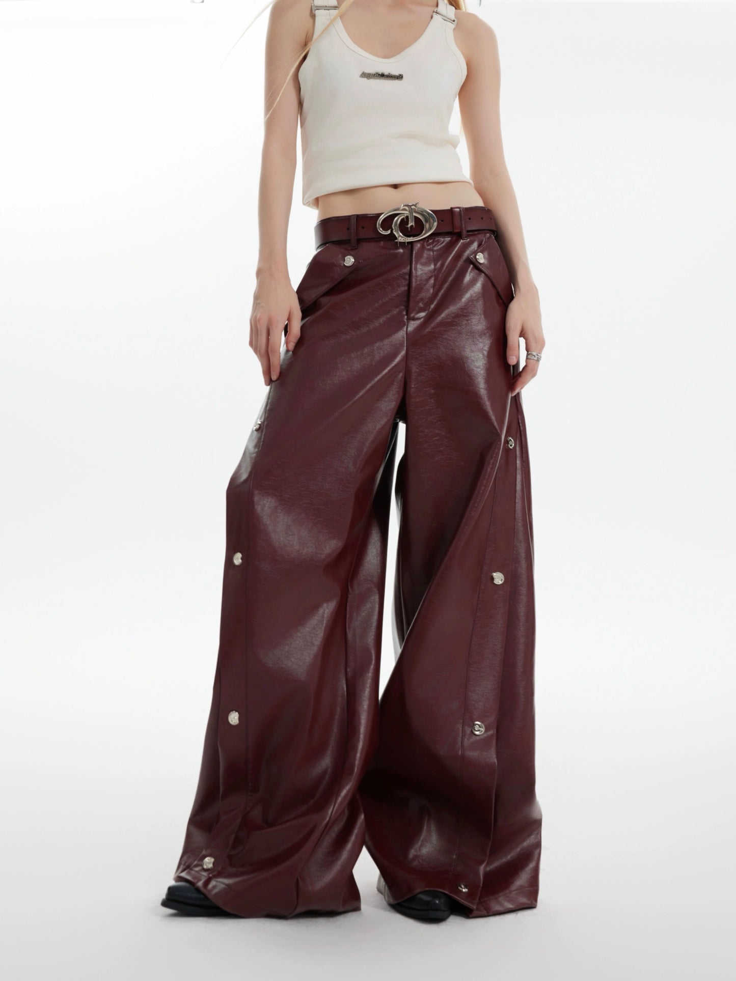 Metal Button Design PU Leather Wide Leg Pants WN8680