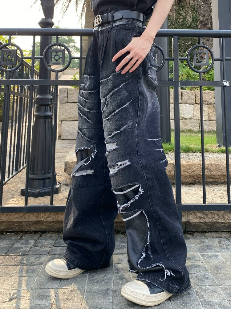 Wash PU Patchwork Tassel Heavyweight Denim Jeans WN20743