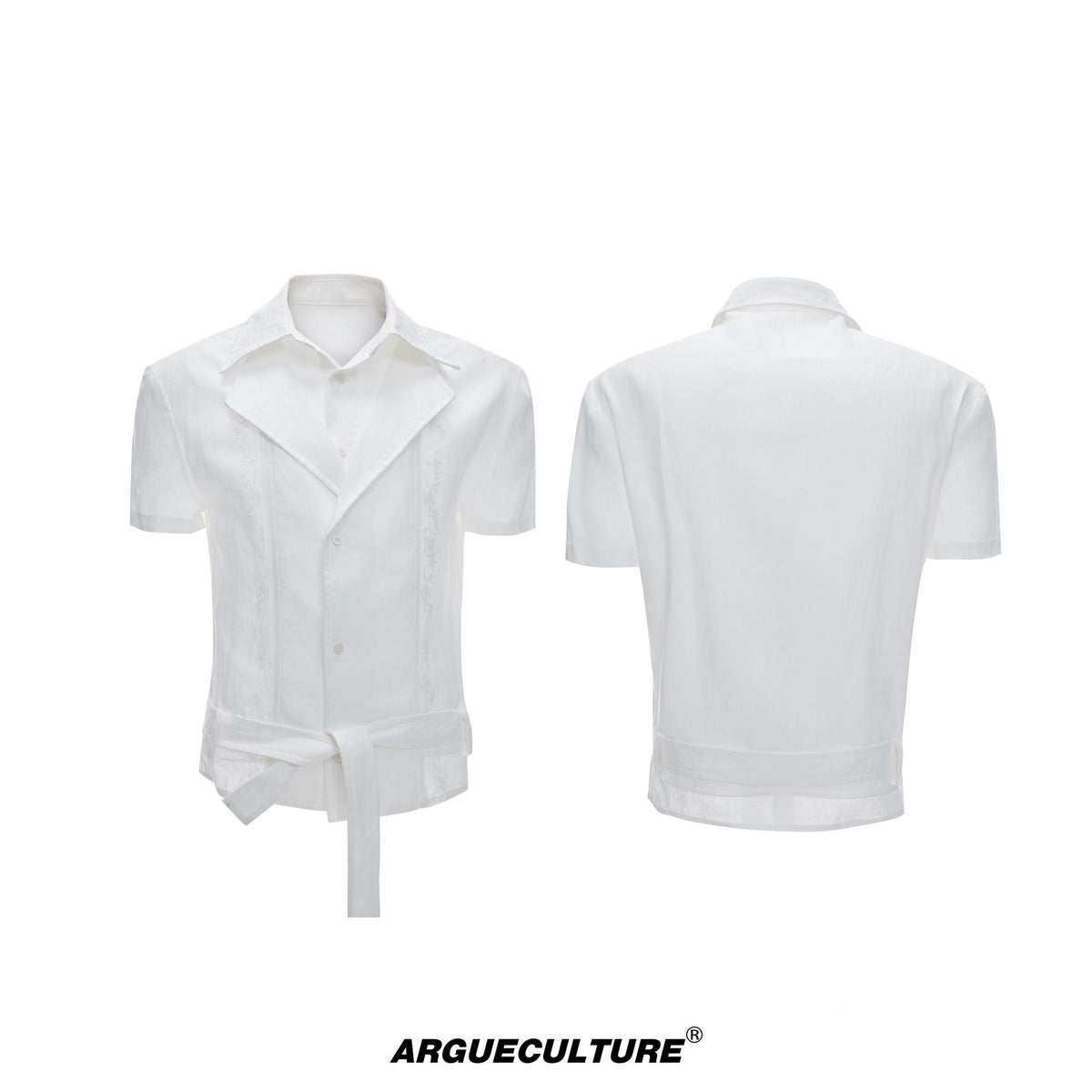 Fake Layered Embroidery Linen Waist-Tie Short Sleeve Shirt WN27030