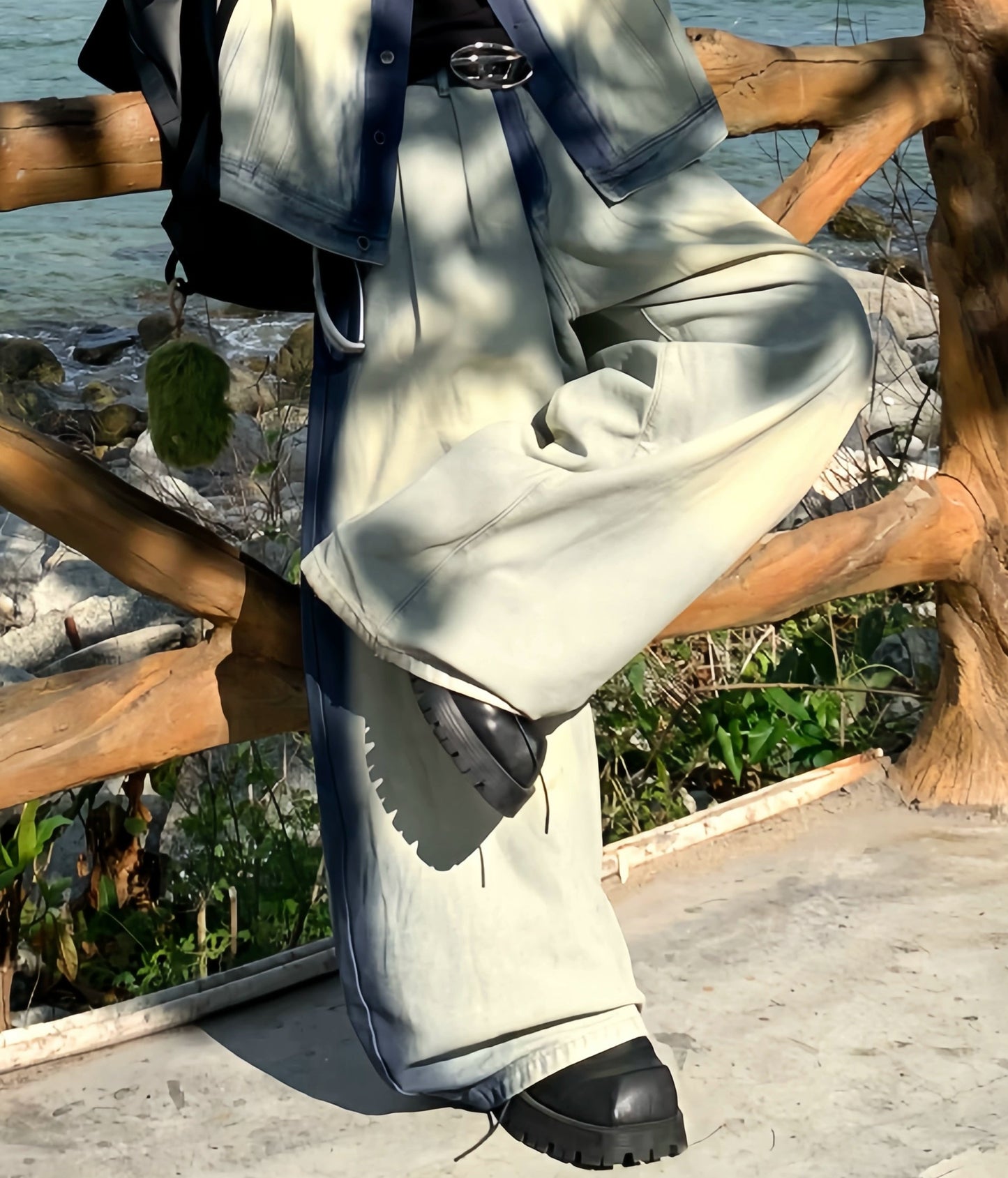 Paint Denim Short Sleeve Shirt & Wide Leg Denim Jeans Setup WN19866