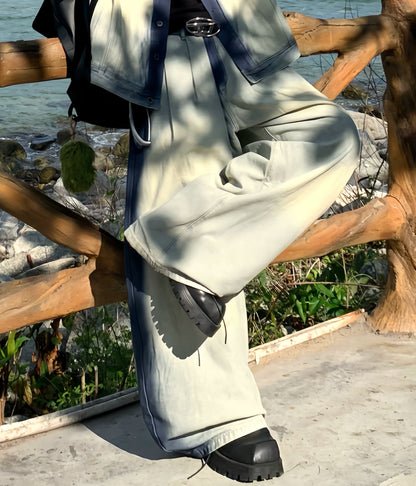 Paint Denim Short Sleeve Shirt & Wide Leg Denim Jeans Setup WN19866