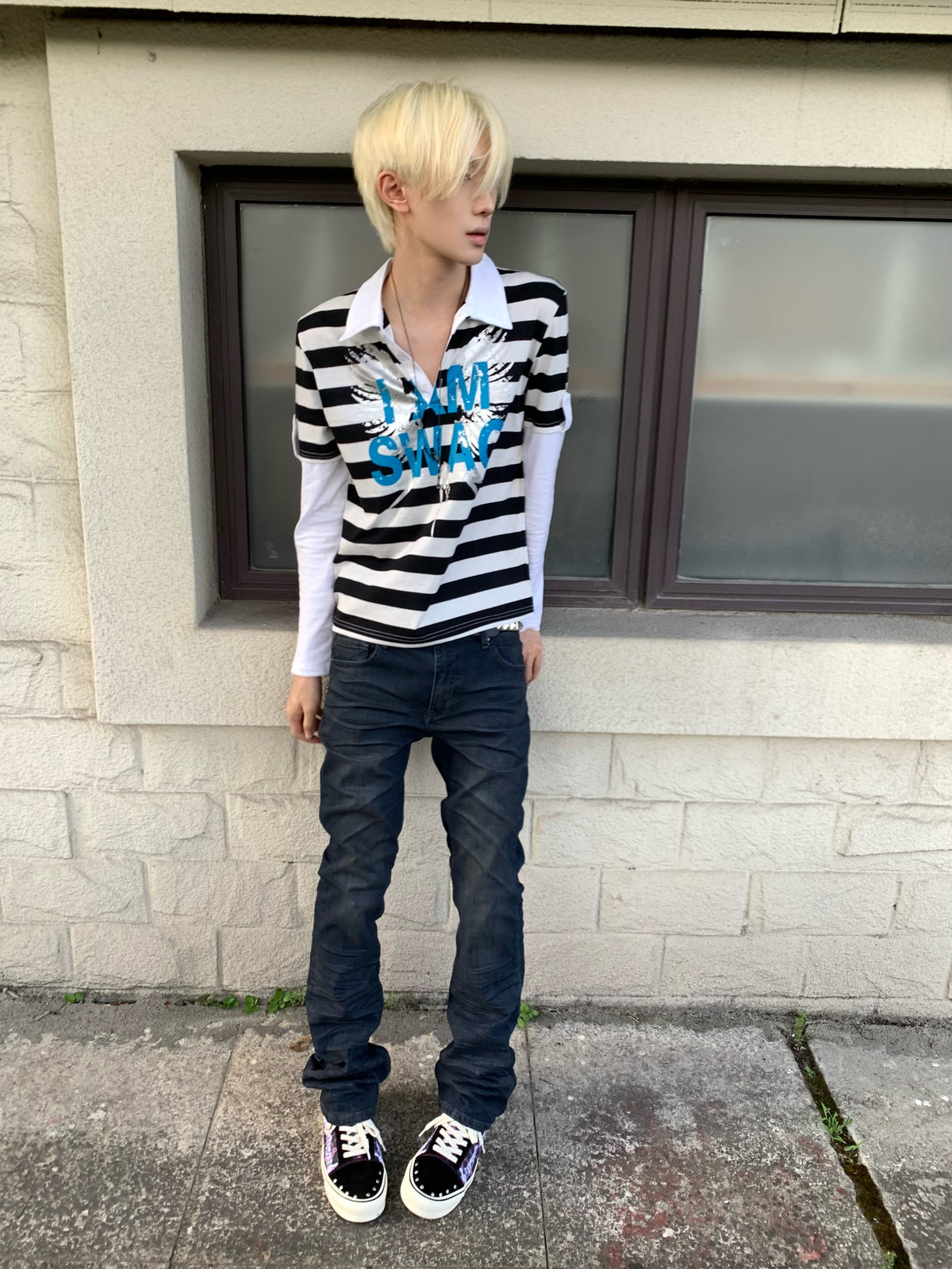 Fake Layered Stripe Logo Print Long Sleeve Polo Shirt WN27198