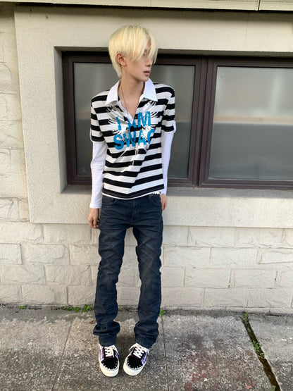 Fake Layered Stripe Logo Print Long Sleeve Polo Shirt WN27198